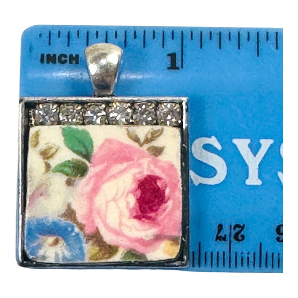 Homer Laughlin Floral Broken China  Square Pendant with Rhinestones Necklace - Picture 4 of 15